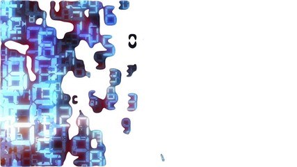 Poster - Digital watercolor .Digital explosion. mathematical process. The blue letters move on the left side of the screen. White background . place for text. glitch effect. holographic series.cinematic