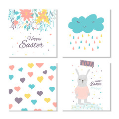 Canvas Print - Collection of 4 Easter card, banner background, template with beautiful spring flowers, leaves, hearts, dots and rabbit, bunny.