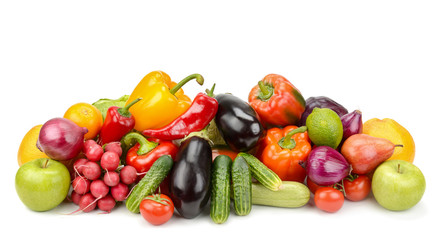 Sticker - Pile fresh vegetables and fruits isolated on white background.