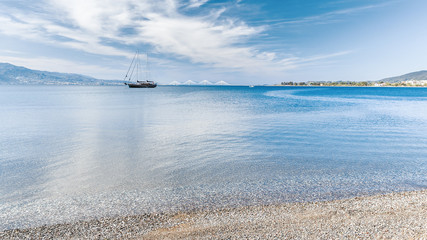 Wall Mural - Greece, Europe. Scenic spring scenery of seafront of ancient Greek harbor Nafpaktos. Nafpaktos was important part of ancient Greece. Today Nafpaktos is popular iconic travel destination in Greece.