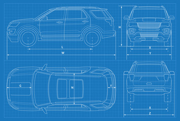 Off-road car schematic or suv car blueprint. Vector illustration. off road vehicle in outline. Business vehicle template vector. View front, rear, side, top