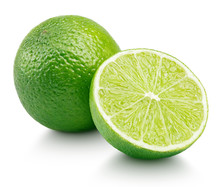 Whole Green Lime Citrus Fruit With Lime Half Isolated On White Background. Limes Citrus Fruit With Clipping Path
