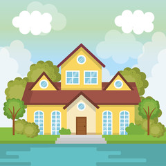 Wall Mural - landscape with house and lake scene vector illustration design