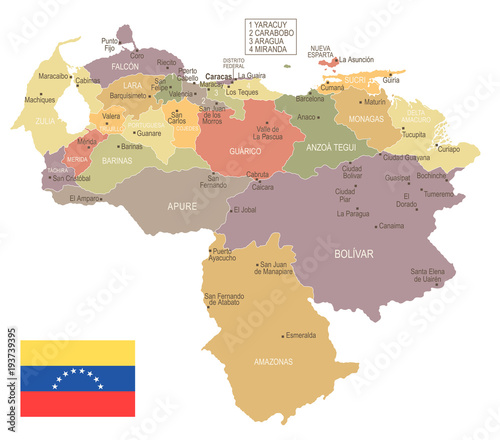 Cuadros en Lienzo Venezuela - vintage map and flag - Detailed Vector Illustration