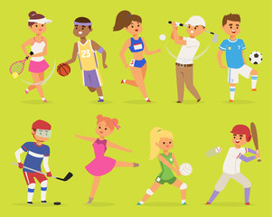 Wall Mural - Ssportsmen vector cartoon characters boy and girl people basketball, hockey, baseball, running happy character sport people adult exercise. competition set group fitness sport people runner training