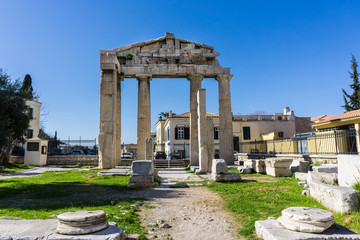 The gate of Athena Archegetis in the Roman Market in Athens Greece. The impressive Gate of Athena Archegetis lies on the west side of the Roman Agora.