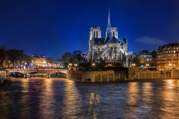 Wall Mural - View over Seine onto illuminatred back side of Notre Dame de Paris at night in Paris France