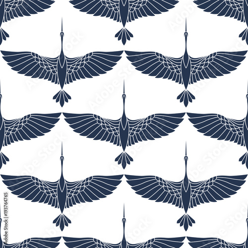 Cotton fabric Japanese seamless pattern with beautiful cranes. Chinese vector background with flying birds. Ornament with oriental motives.