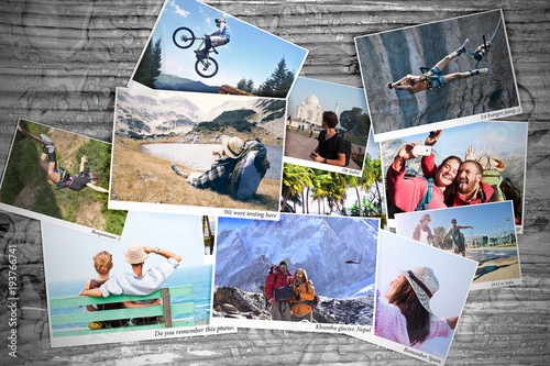 Plakat Sport and travel memory photos on a table
