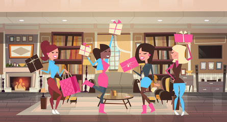 Wall Mural - Happy Girls With Gift Boxes At Home Celebrating International Woman Day 8 March Holiday Flat Vector Illustration