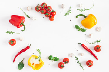 healthy food on white background. vegetables, tomatoes, peppers, green leaves, mushrooms. flat lay, 