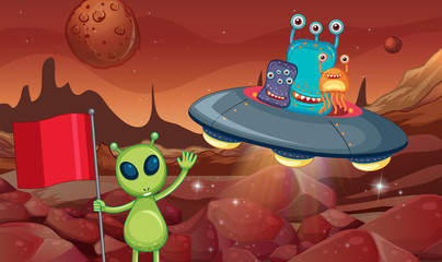 Wall Mural - Aliens in UFO flying around the surface of planet