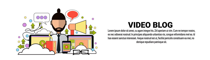 Aufkleber - Video Blog Content Concept Horizontal Banner With Copy Space Flat Vector Illustration