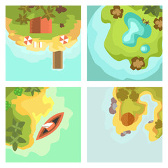  Cartoon tropical exotic island in ocean top view exotic lagoon map caribbean aerial sprite seascape tourism paradise coast vector illustration.