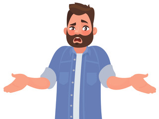 Bearded man emotionally spreads his hands. Question what's going on or why? Vector illustration