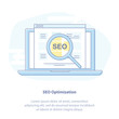SEO, filled bold outline laptop with magnifier. Graphic design concept of digital marketing, SEO optimization and analytics, website analysis. Blue line icons isolated