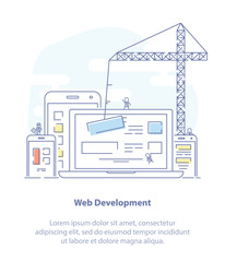 Aufkleber - Web design development technology or website prototyping infographic vector composition concept. Laptop, tablet, phone, crane and website prototype. 