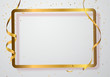 Celebration background frame template with confetti and gold ribbons. Vector illustration