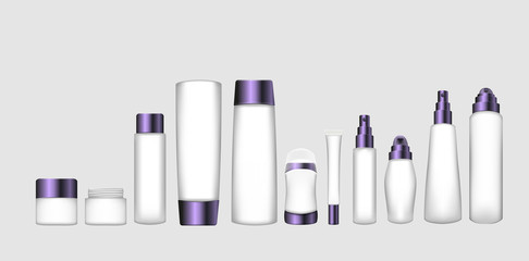 Wall Mural - Set of cosmetic packaging with purple caps, isolated on white background. Cosmetic package for cream, shampoo, liquid soap and spray