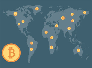 Wall Mural - Bitcoin concept,CoinsBitcoin concept,Coins spread around on background map world.vector Illustrator