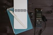 Video blogger or journalist accessories and scratchpad with script. Preparing for video shooting or interview 