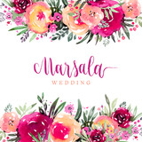 Fototapeta  - Marsala wedding watercolor floral background