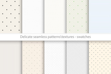 Wall Mural - Collection of vector seamless delicate patterns. Dotted, striped tileable color textures