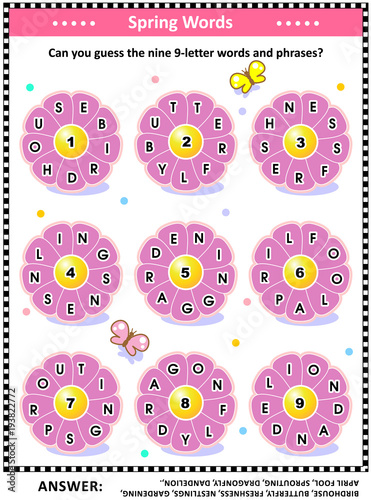 Spring themed word puzzle (English language) with words written on petals  around the flowers: Can you guess the nine 9-letter words? Answer included.  - Buy this stock vector and explore similar vectors