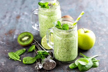 Sticker - green smoothie with spinach, apple, kiwi, lime and chia seeds. healthy diet eating, superfood