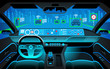Smart car (HUD) concept. Self-Driving mode car graphic screen with flare light. Artificial intelligence on the road. Vehicle interior.