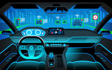 Autonomous Smart Car Inerior. Self Driving At Night City Landscape. Display Shows Information About The Vehicle