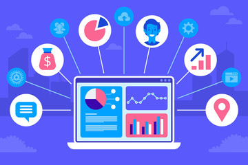 CRM concept design. Flat icons of accounting system, clients, support, deal. Organization of data on work with clients, Customer Relationship Management. Vector elements. 