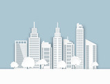 Fototapeta Miasto - White paper skyscrapers and trees. Achitectural building in panoramic view. Modern city skyline building industrial paper art landscape skyscraper offices. Vector Illustration