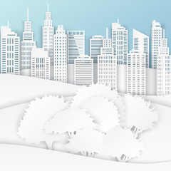 Wall Mural - White paper skyscrapers and trees. Achitectural building in panoramic view. Modern city skyline building industrial paper art landscape skyscraper offices, city park. Ecology idea. Vector Illustration