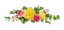 Pink And Yellow Rose Flowers With Eucalyptus Leaves