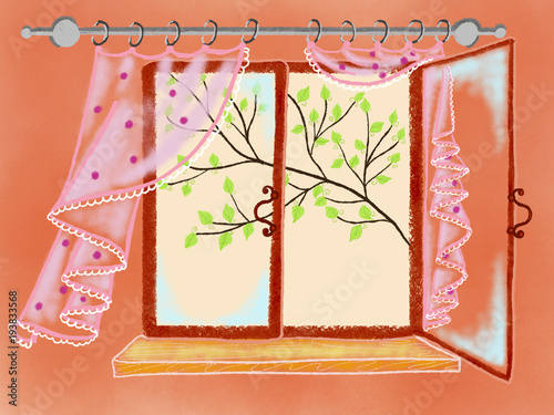 Colorful Hand Drawn Bright Kitchen Window With Colorful Pink