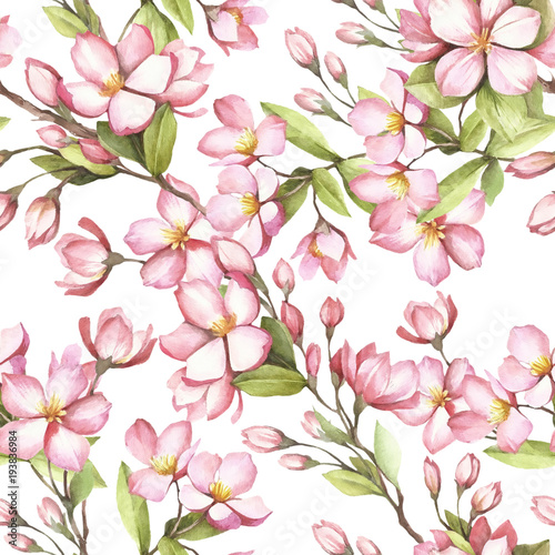 Stoffe zum Nähen Nahtlose Muster mit Kirschblüten. Aquarell Bild.