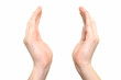 © WDnet Studio - Female hands raised up in a gesture of holding something or praying on a white background in close-up
