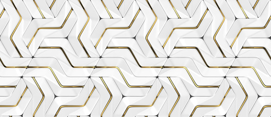 Wall Mural - 3D Wallpapers white tiles with golden metal decor. Modern geometric modules. High quality seamless realistic texture. M-size.