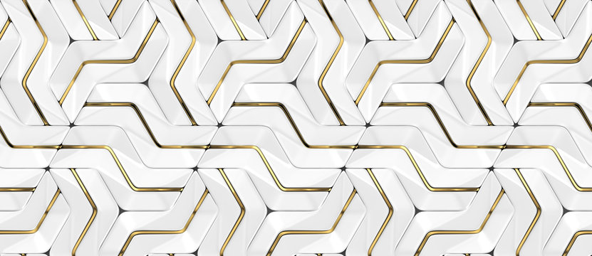 Wall Mural -  - 3D Wallpapers white tiles with golden metal decor. Modern geometric modules. High quality seamless realistic texture. M-size.