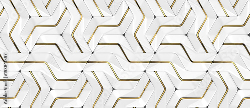 3D Wallpapers white tiles with golden metal decor. Modern geometric modules. ...