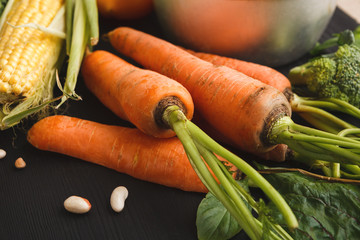 Carrot on kitchen table background