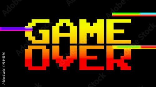 Fotografía A funky colorful game over screen, 8 bit retro style, red and yellow, with a little damage (digital glitches)