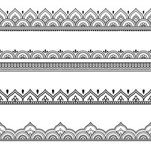 Set Of Seamless Borders For Design And Application Of Henna. Mehndi Style. Decorative Pattern In Oriental Style.