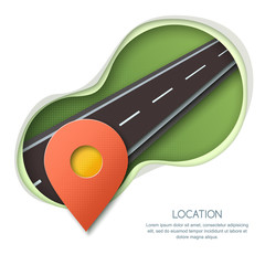 Wall Mural - Road way location and GPS navigation concept. Paper cut style vector isolated illustration of pin map symbol, waypoint marker. Banner, flyer or poster design elements.