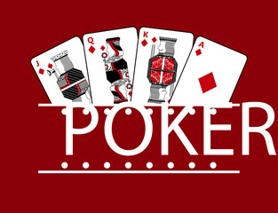 Sticker - four playing diamond cards poker banner red background vector illustration