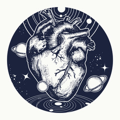 Wall Mural - Heart in space tattoo. Symbol of love, philosophy, psychology, imagination, dream. Surreal heart t-shirt design. Anatomic heart among galaxies and planets