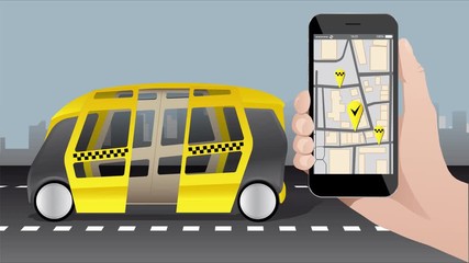 Wall Mural - Control of self driving vehicle by mobile app. Autonomous taxi arrives to a man and opens the doors. On the device screen moving marks