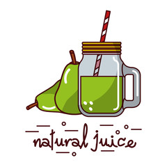 Sticker - pear fruit and natural juice glass and straw vector illustration