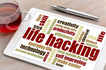 life hacking word cloud on tablet